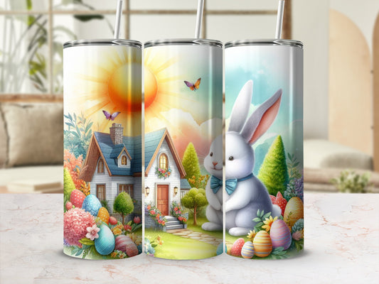 Easter bunny and decorated eggs in front of a whimsical house and sun.