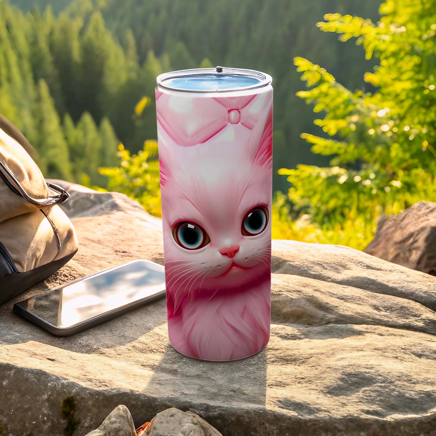 Pink Cat Face Big Blue Eyes Bow Design Tumbler product type