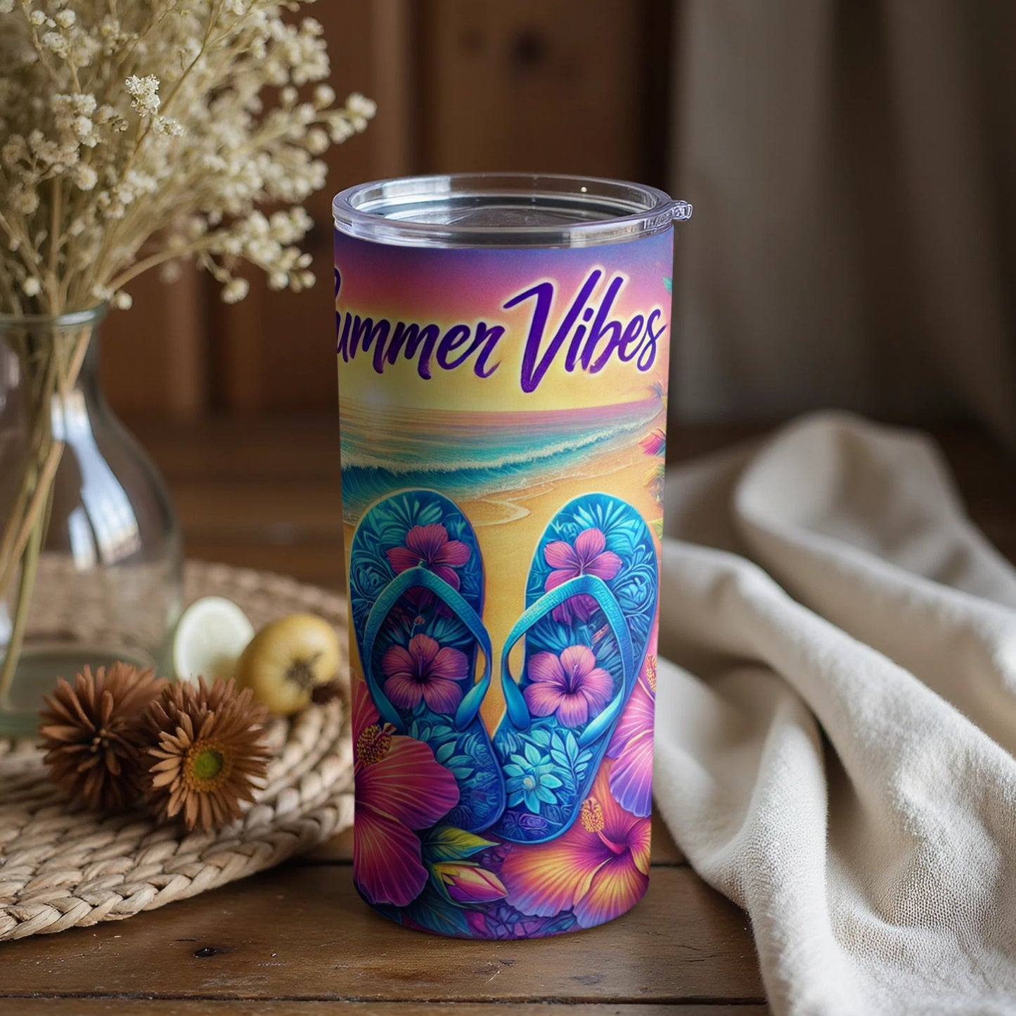 Summer Vibes Flip Flops Beach Artwork Tumbler