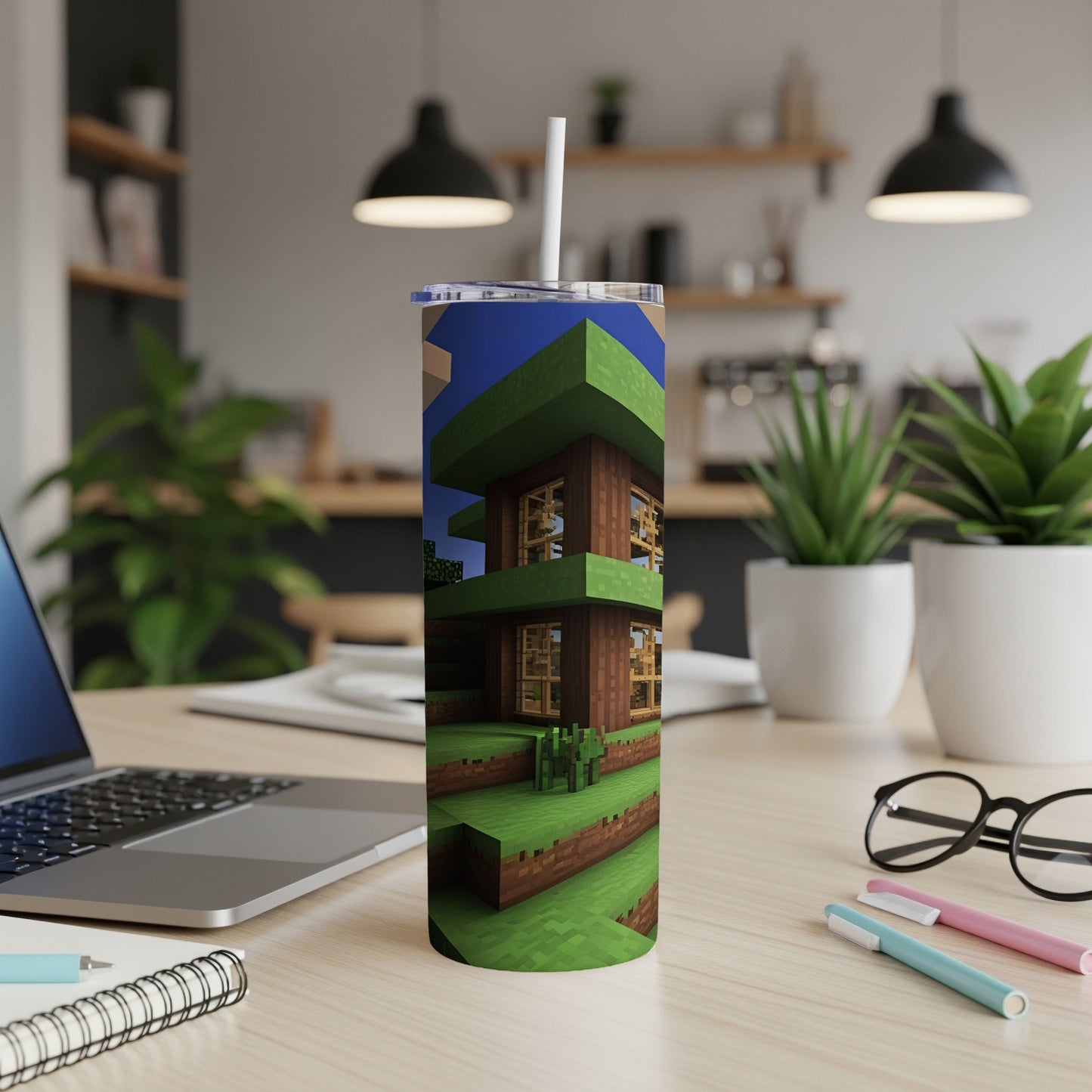 Minecraft-themed tumbler with a wooden house and greenery.