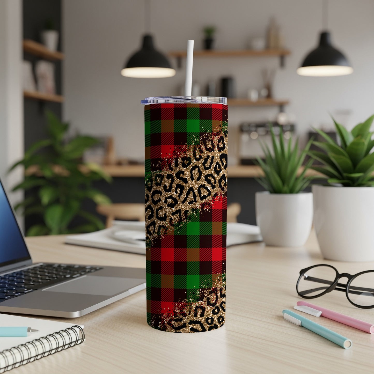 Red and green plaid tumbler with leopard print and glitter accents.