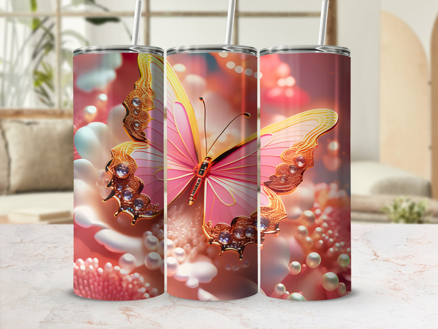 Pink butterfly with gold accents on a floral and pearl background.