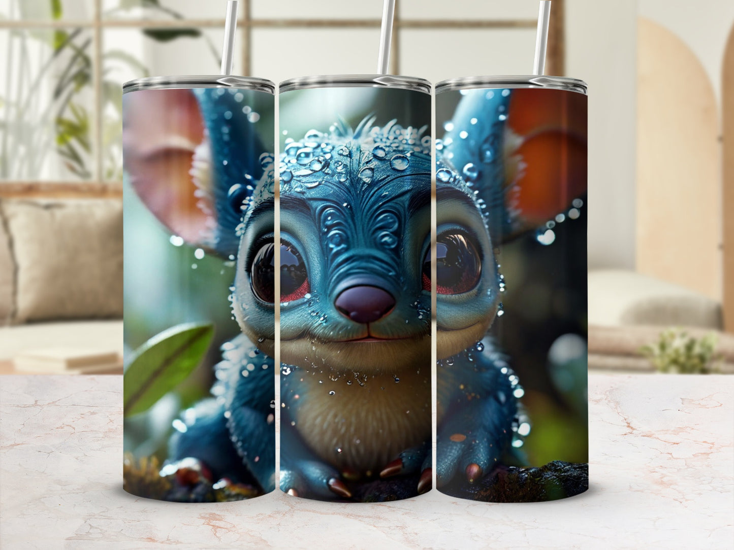 Blue alien character with large ears and water droplets, printed on three tumblers.