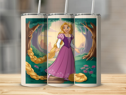 Rapunzel with long blonde hair standing in a forest clearing.