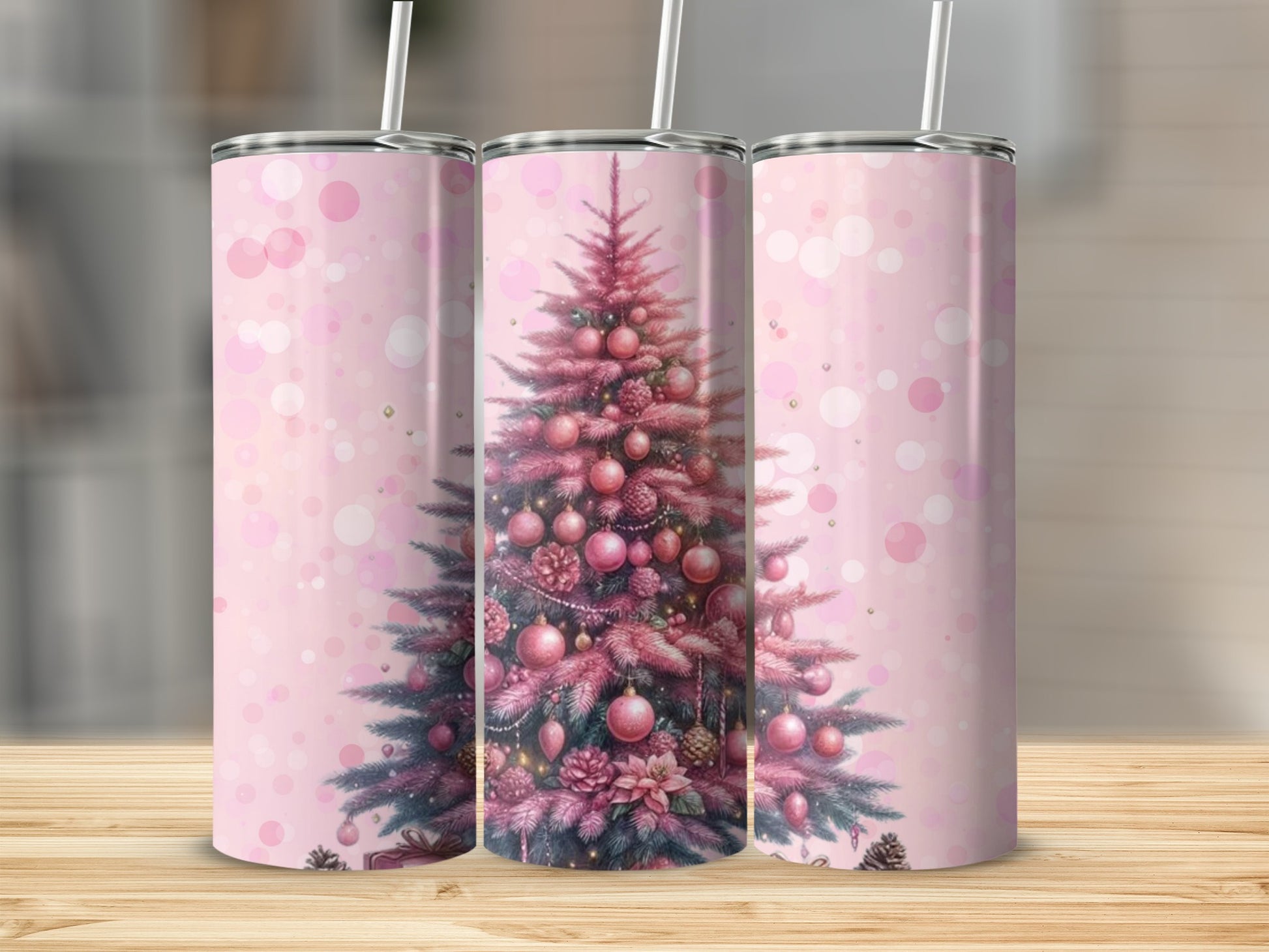 Festive Pink Christmas Tree Tumbler with Ornaments