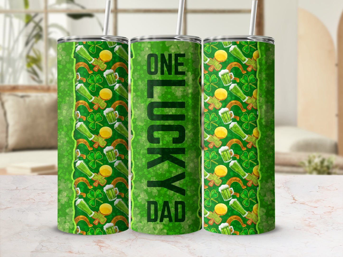 Green tumbler with shamrocks, horseshoes, and "ONE LUCKY DAD" text.