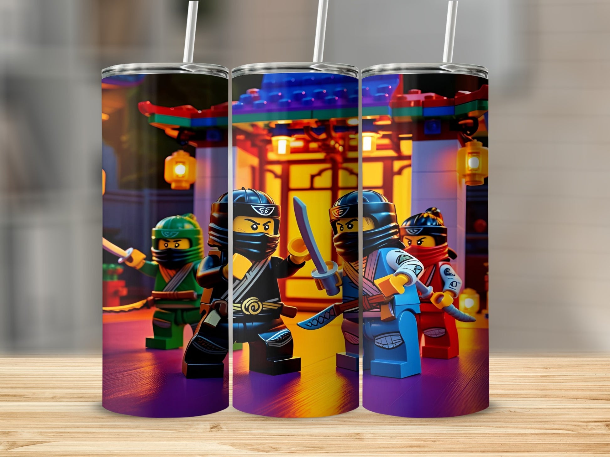 Four Lego ninjas in action in front of a colorful building.