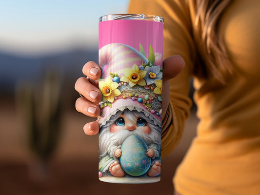 Cute Gnome Holding Egg Tumbler with Floral Hat