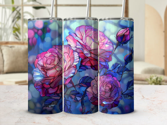 Three tumblers with a stained-glass rose design in pink and purple.