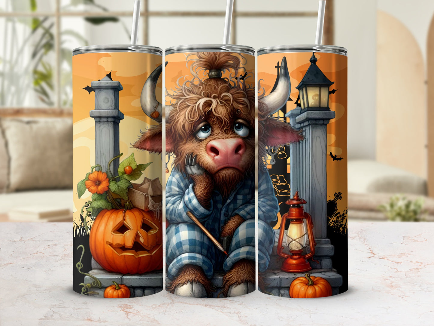 Cute Halloween Highland Cow with Pumpkins Tumbler