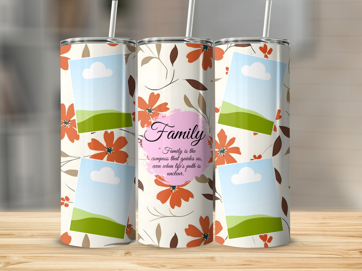 Floral pattern tumbler with "Family" quote and photo placeholders.