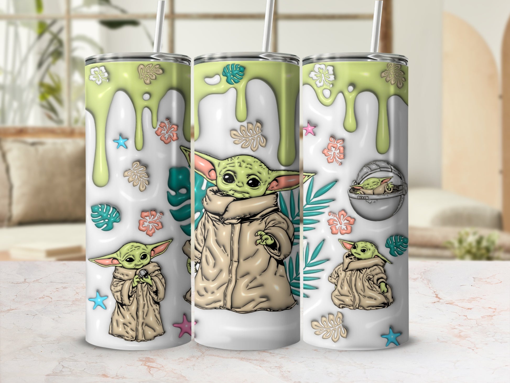 Three tumblers featuring Grogu from Star Wars, with dripping green glaze and floral accents.