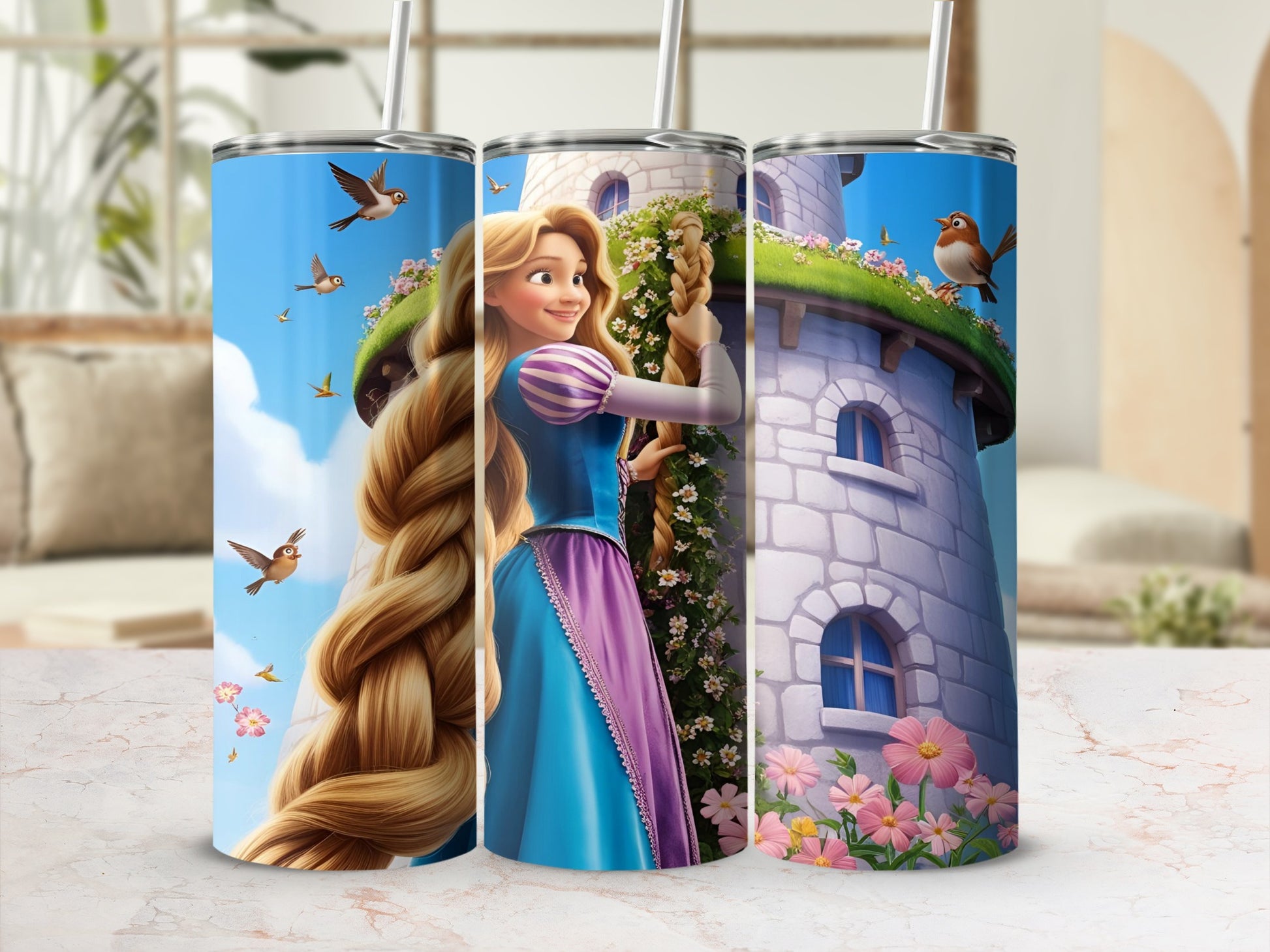 Rapunzel in blue and purple dress climbs tower with long blonde hair and flowers.