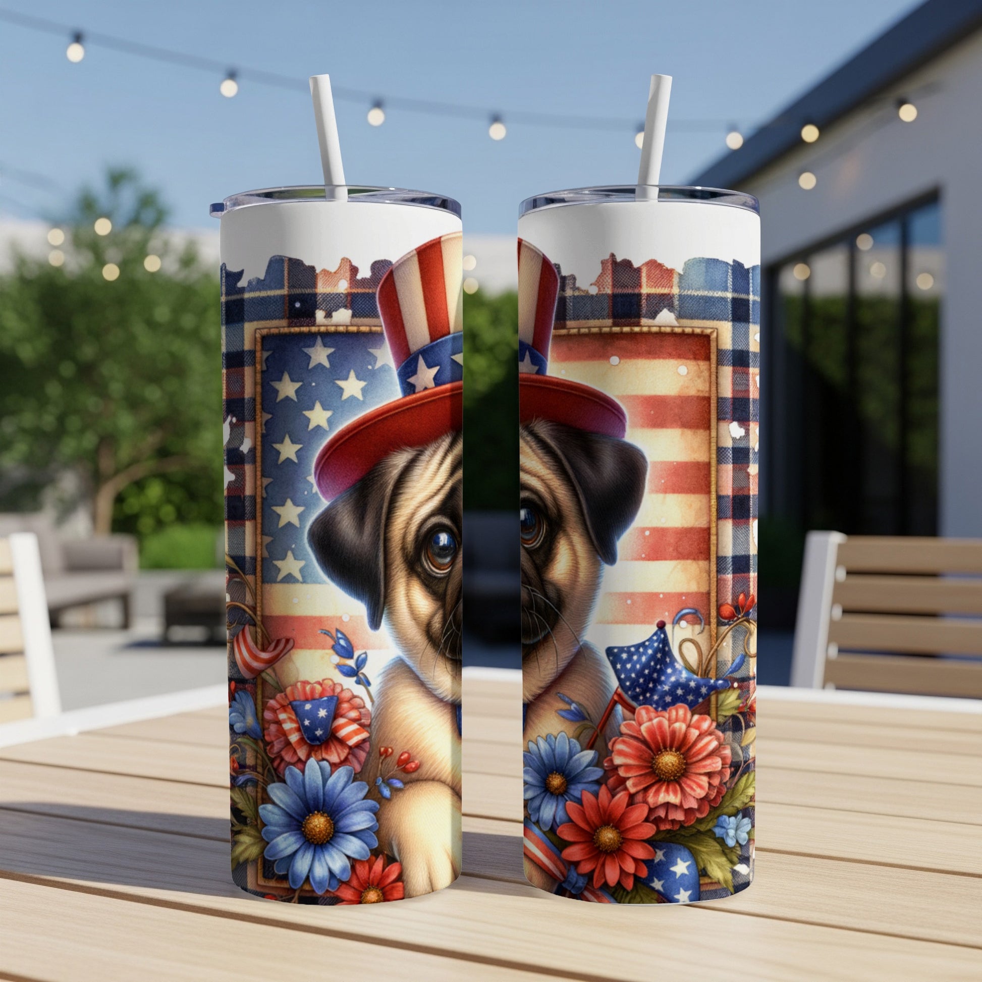 Patriotic pug wearing an Uncle Sam hat surrounded by wildflowers on a tumbler.
