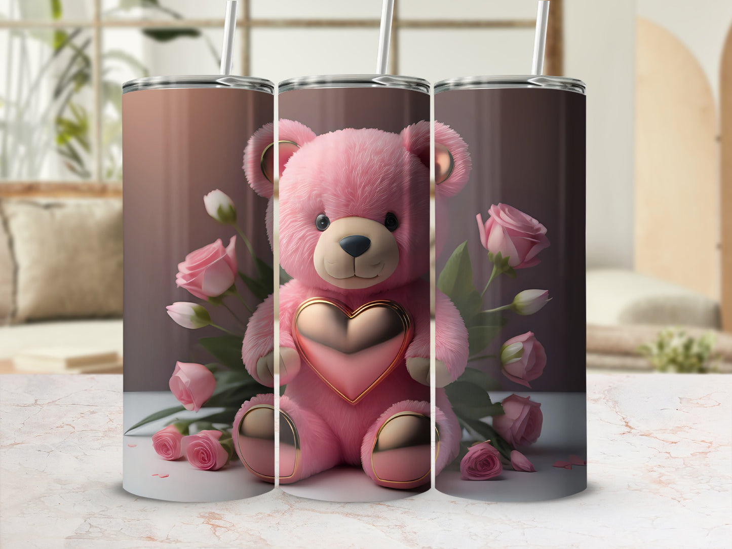 Pink Teddy Bear and Roses Design on Tumbler Cup