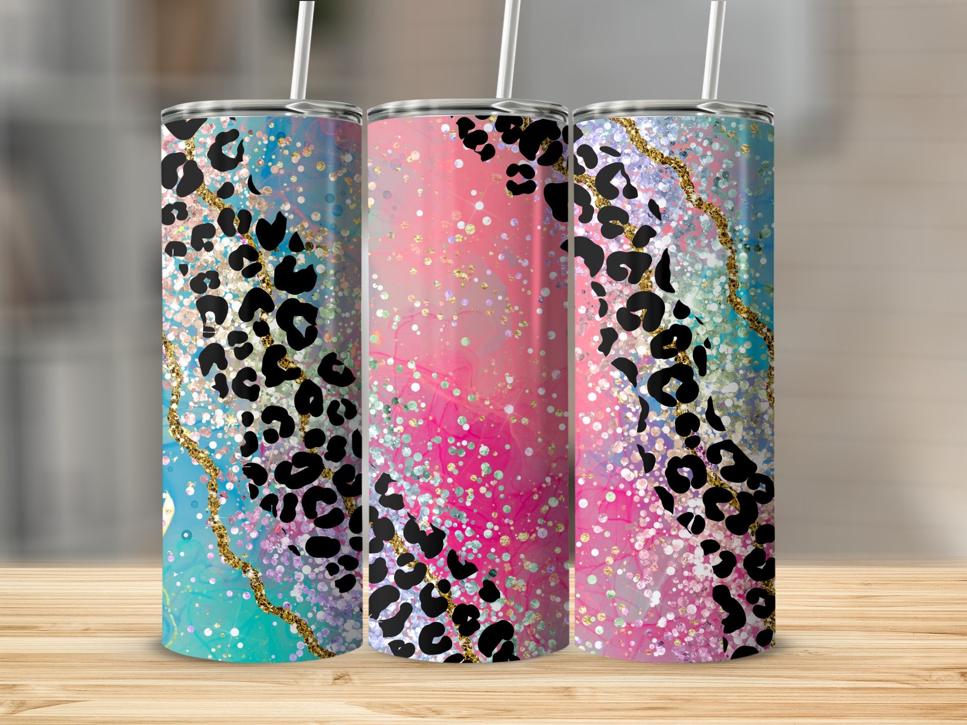 Colorful Leopard Print Glitter Tumbler Cup Design