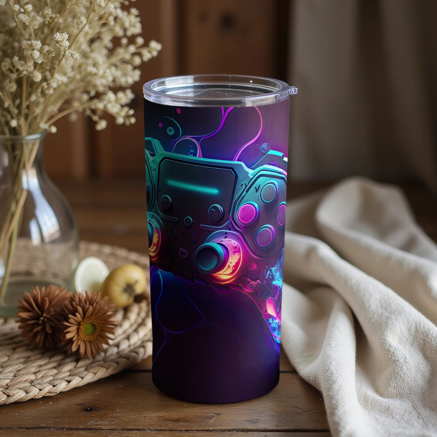 Vibrant Neon Gaming Controller Tumbler Cup