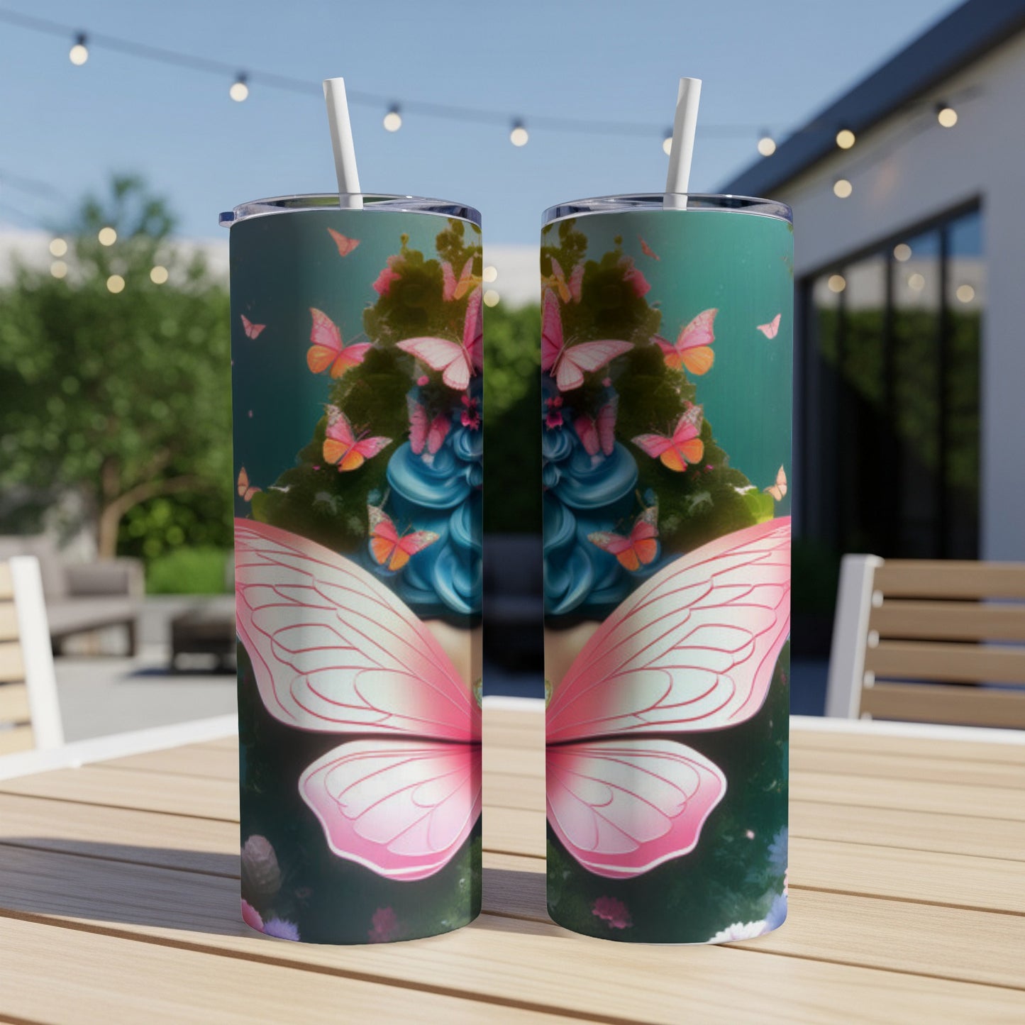 Two tall, slim tumblers with pink butterfly wings and floral designs.