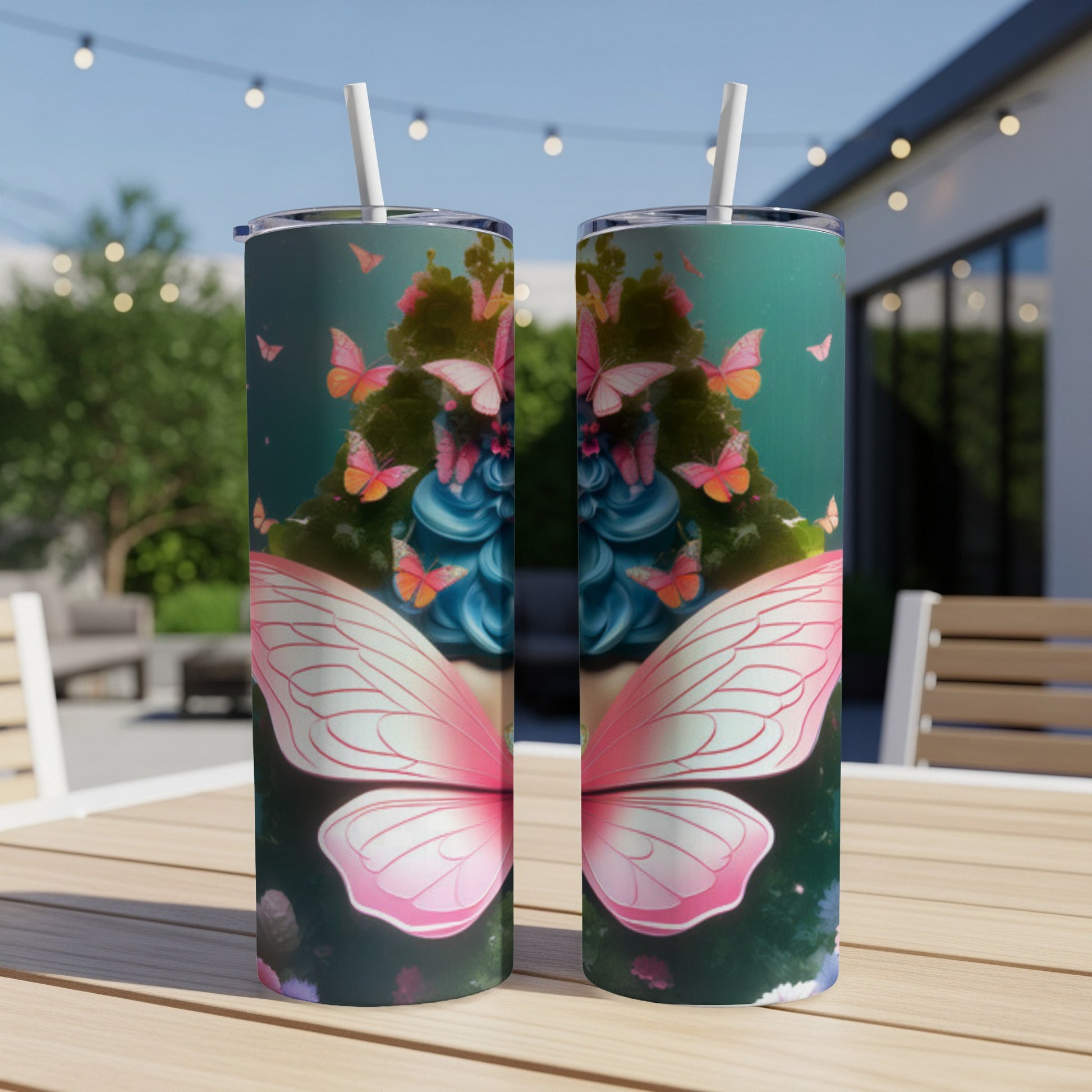 Two tall, slim tumblers with pink butterfly wings and floral designs.