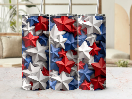 Red, white, and blue stars on a tumbler with straws.