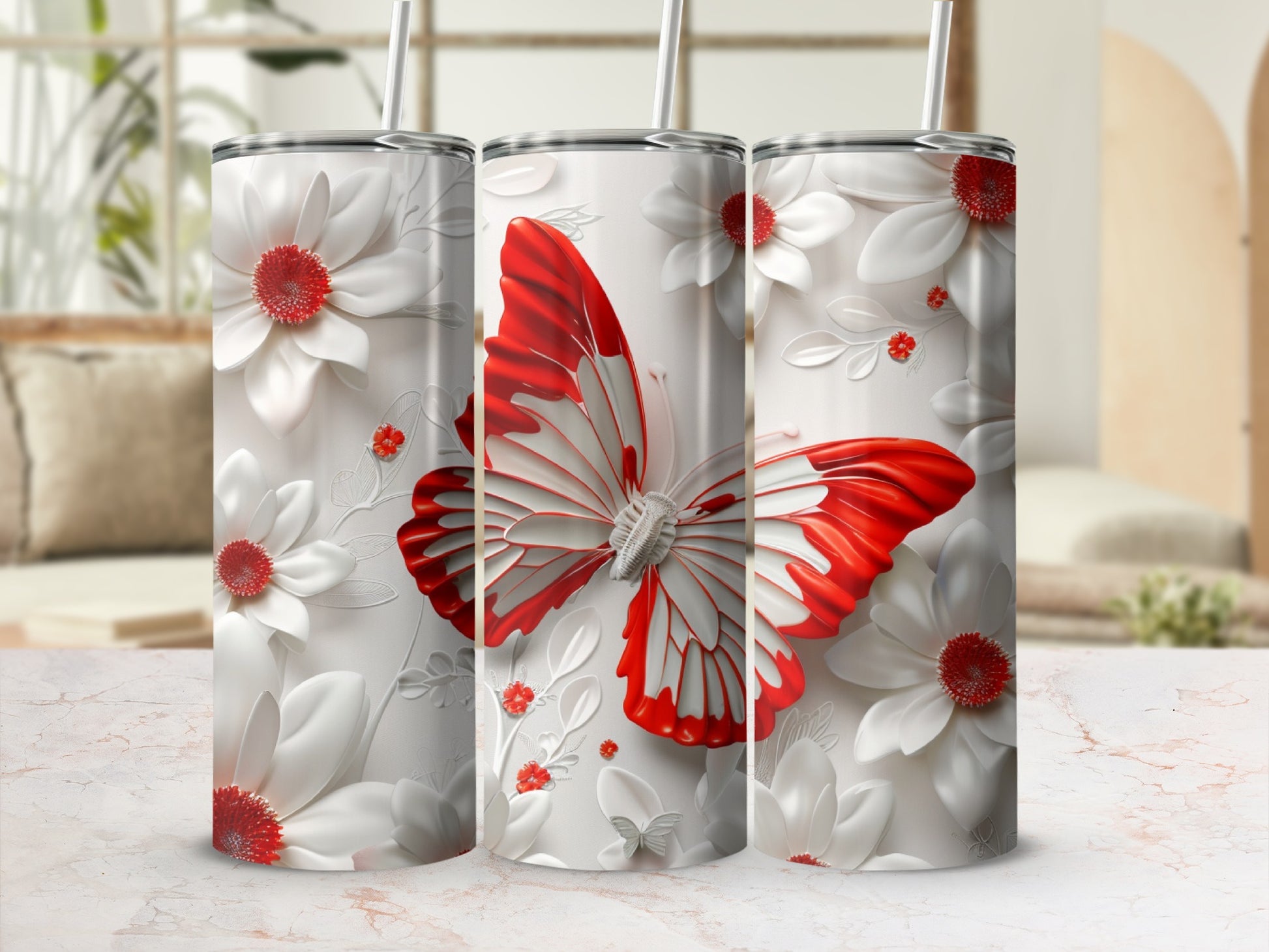 White tumbler with red butterfly and floral design.