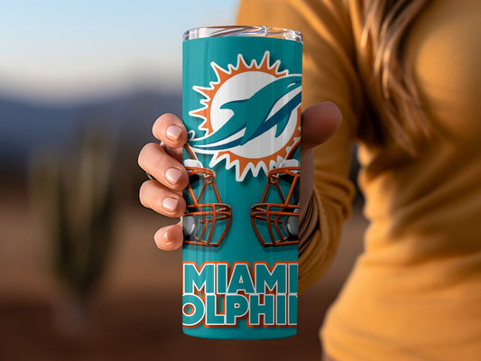 Miami Dolphins Helmets on Teal Background Design Tumblers