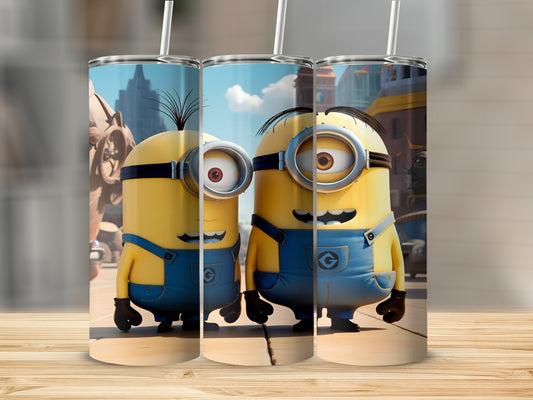 Two Minions from Despicable Me on a tumbler.