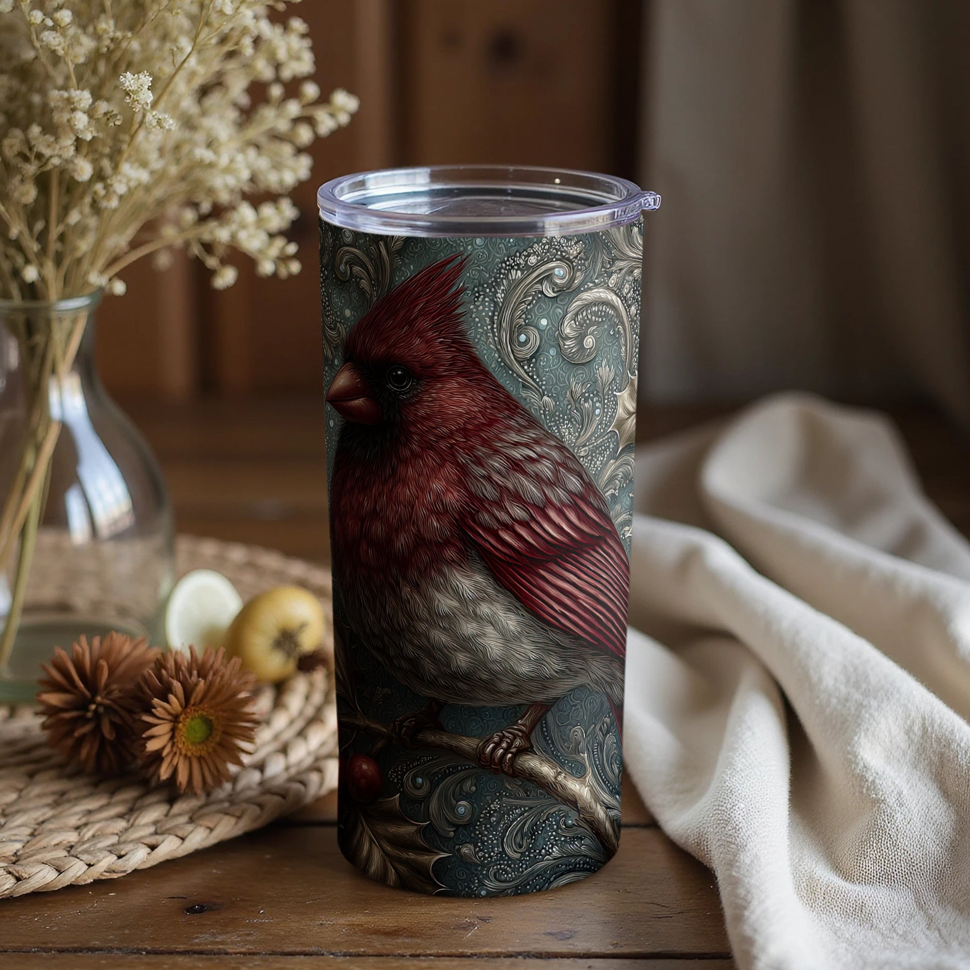 Intricate Cardinal Bird Design Artistic Tumbler Cup