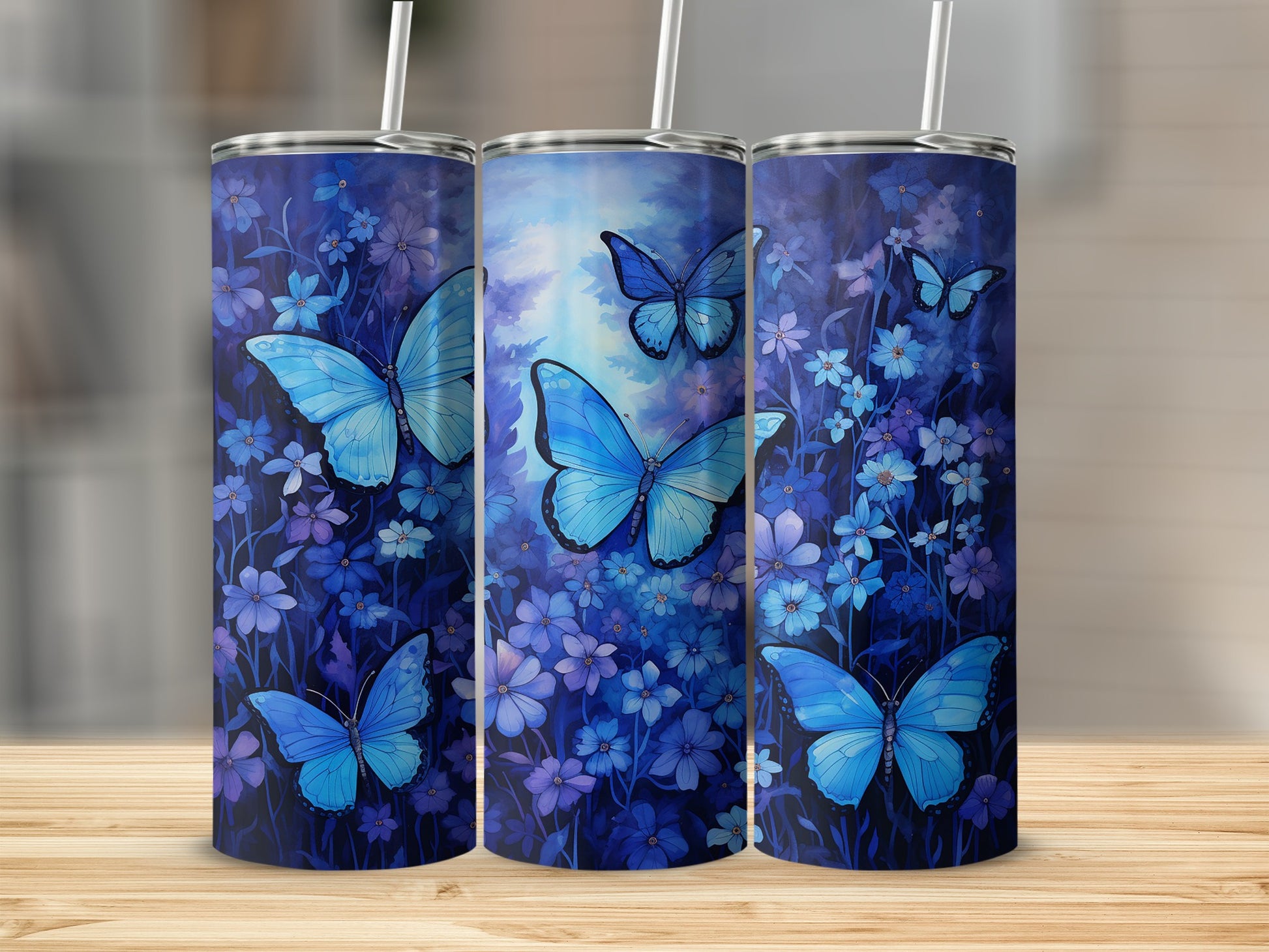 Beautiful Blue Butterfly and Flowers Design Tumbler