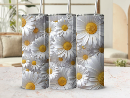 White daisies on a speckled background, three tumblers shown.