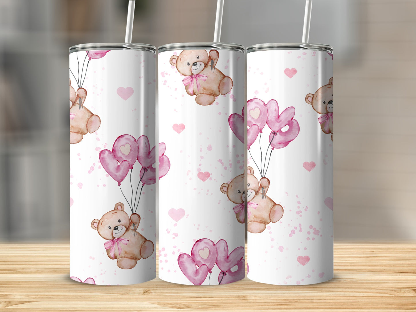 Cute Teddy Bear with Pink Heart Balloons Tumbler