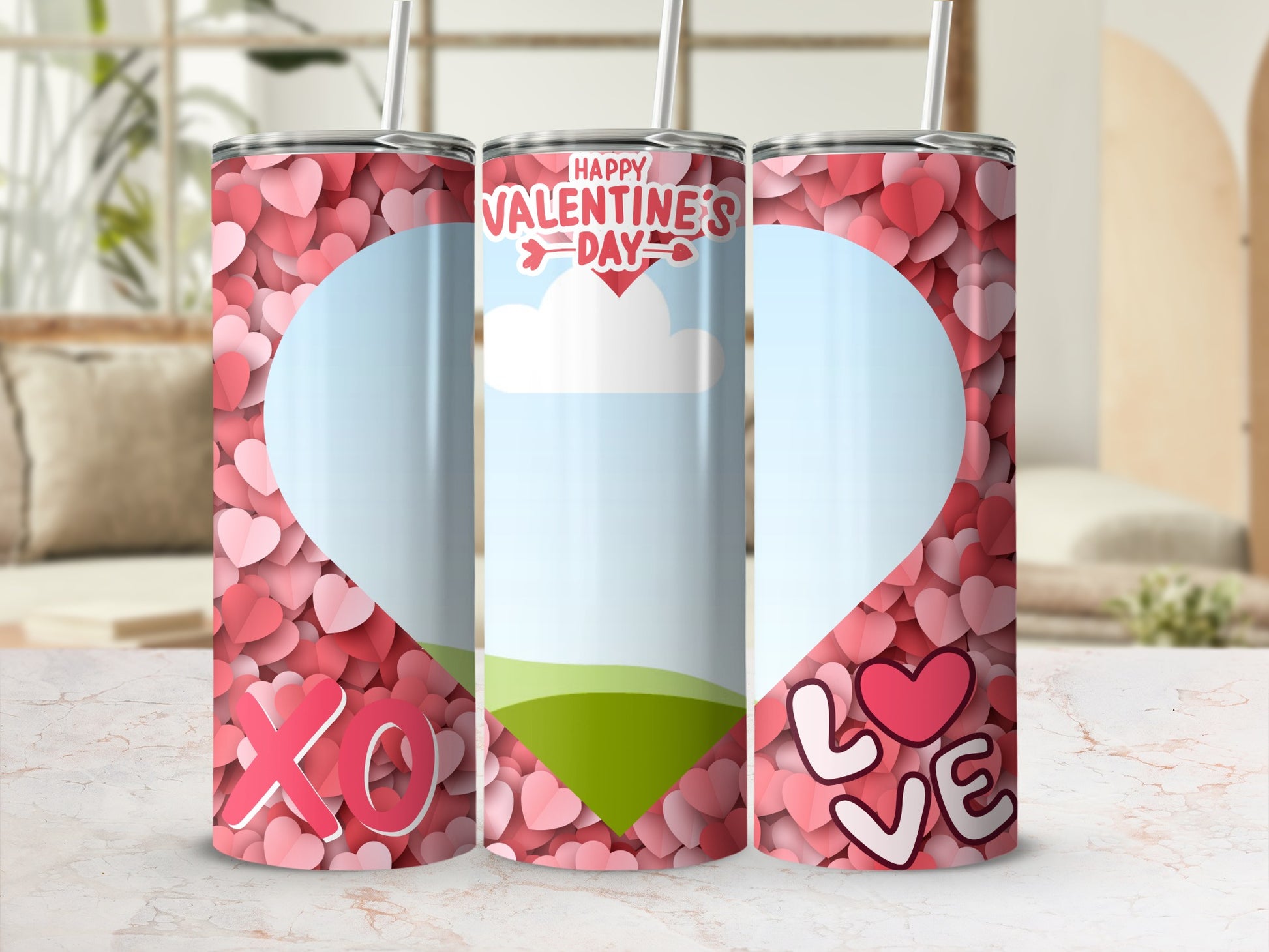 Valentine's Day tumblers with hearts, "XOXO", "LOVE", and "Happy Valentine's Day".