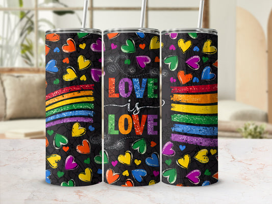Tumbler with rainbow hearts and "Love is Love" text.