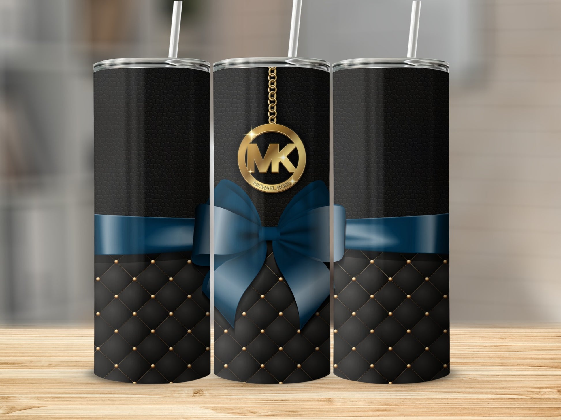 Elegant Quilted Black and Blue Bow Tumbler Design