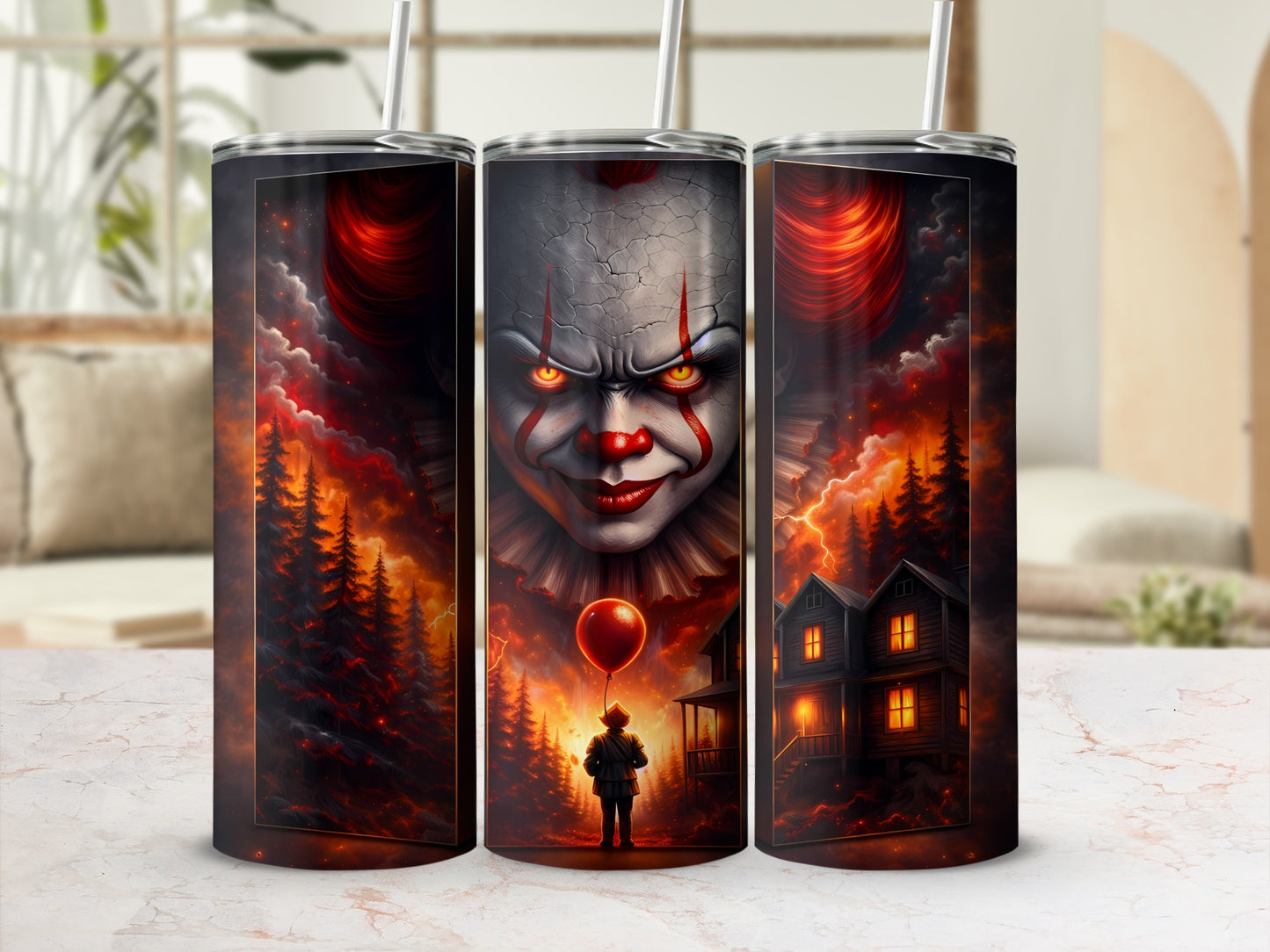 Three tumblers featuring a creepy clown, a child with a red balloon, and a dark house.