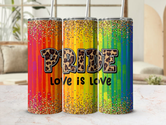 Three tumblers with LGBTQ+ rainbow designs and "Love is Love" text.