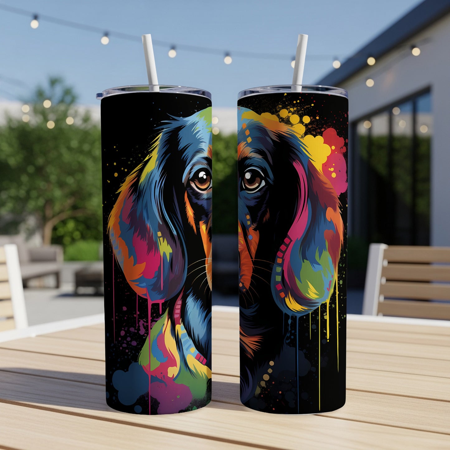Dachshund portrait with vibrant, colorful paint splatters on black background.