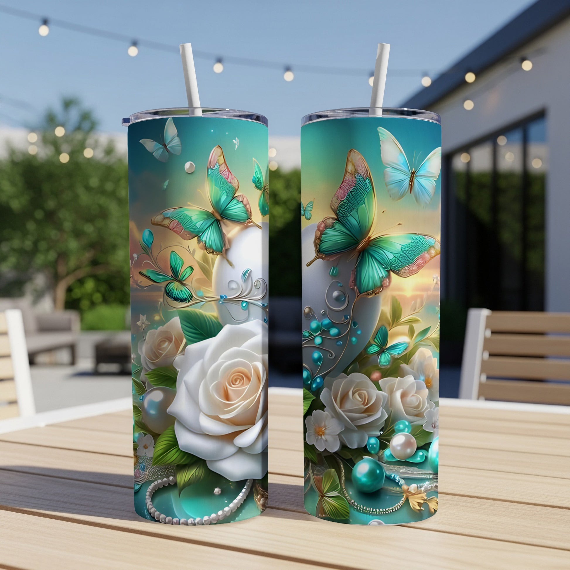 Two tumblers with white roses, turquoise butterflies, and pearl accents on a table.