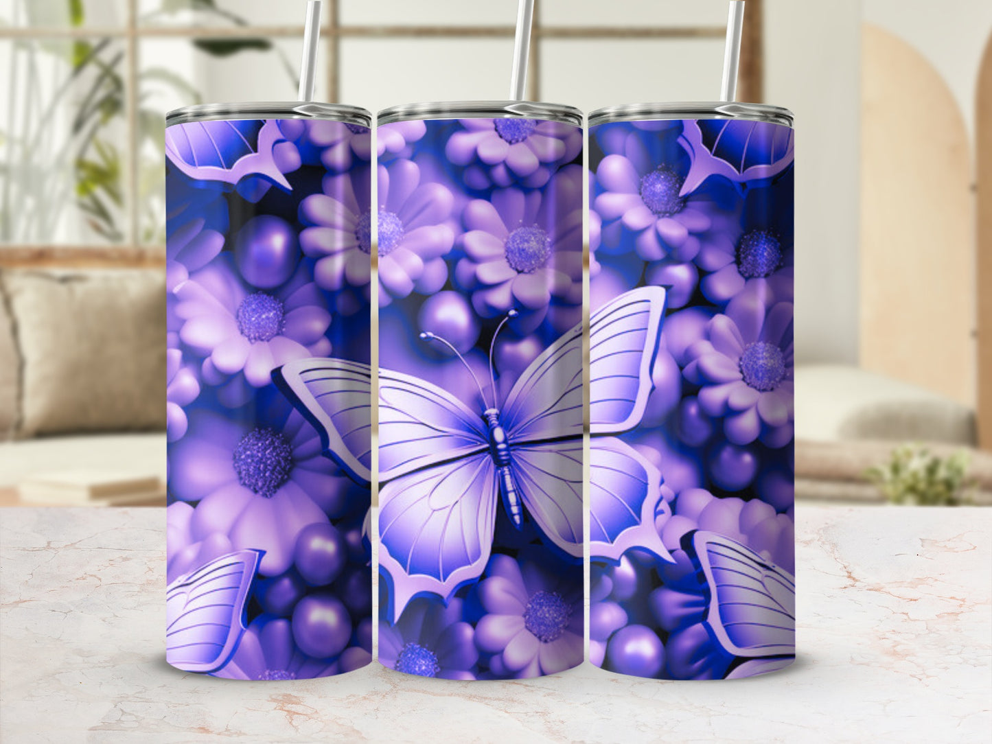 Three tumblers with a purple butterfly and floral design.