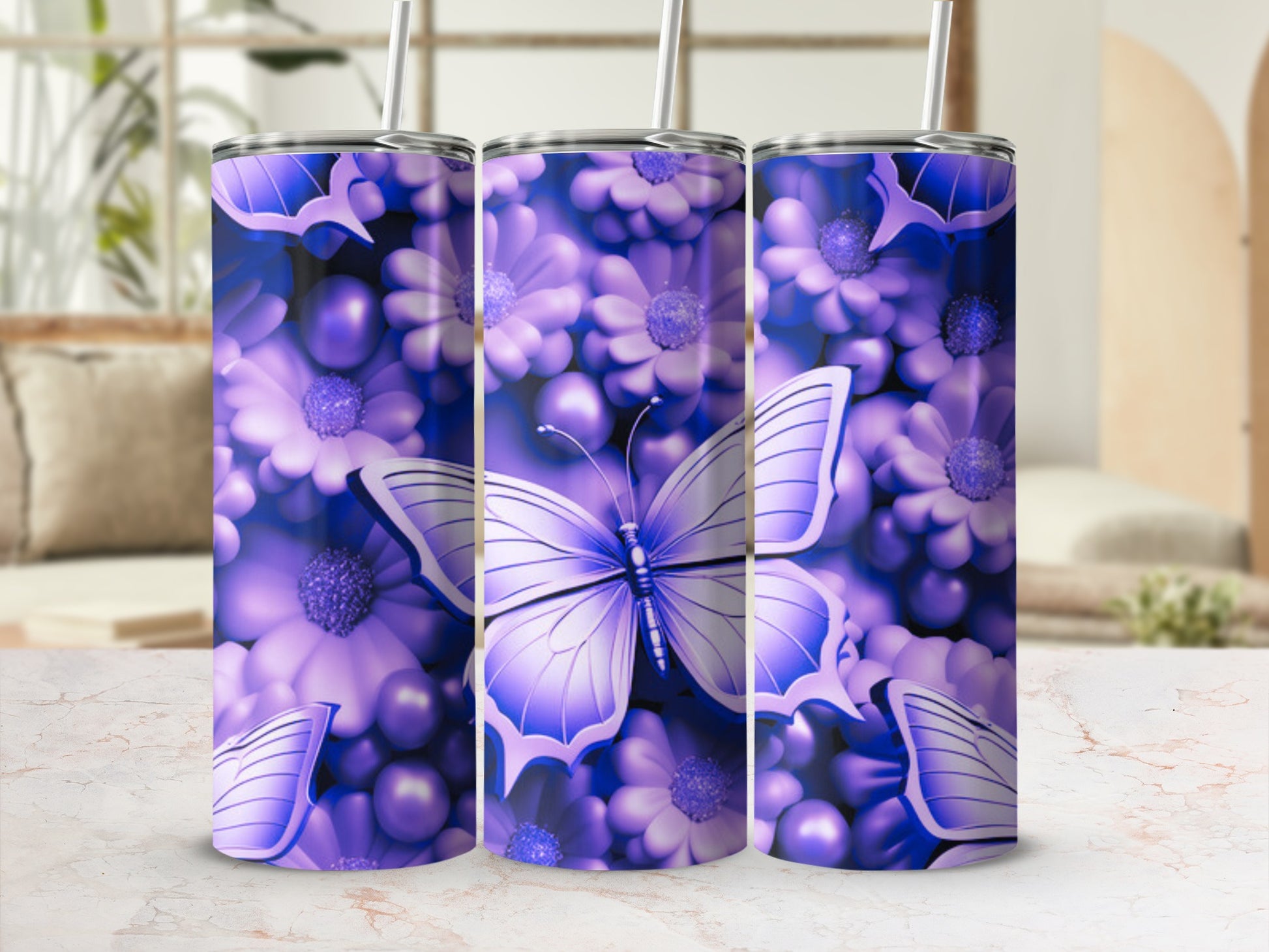 Three tumblers with a purple butterfly and floral design.