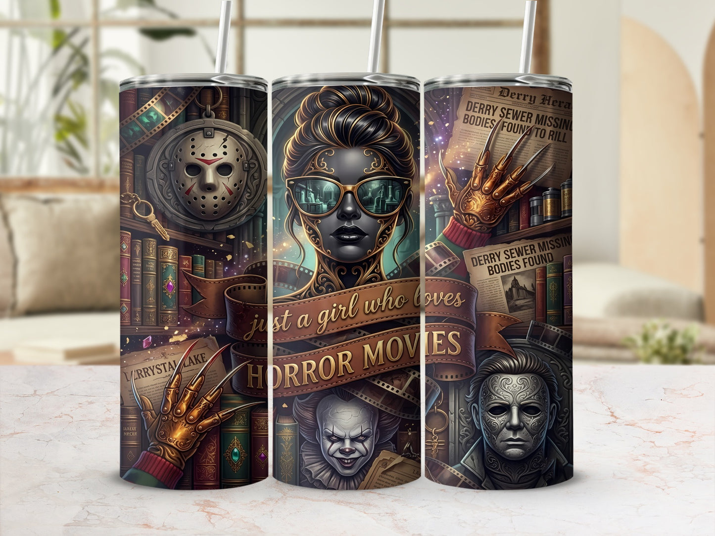 Tumbler with horror movie imagery including Jason Voorhees mask, Freddy's glove, Pennywise, and Michael Myers.