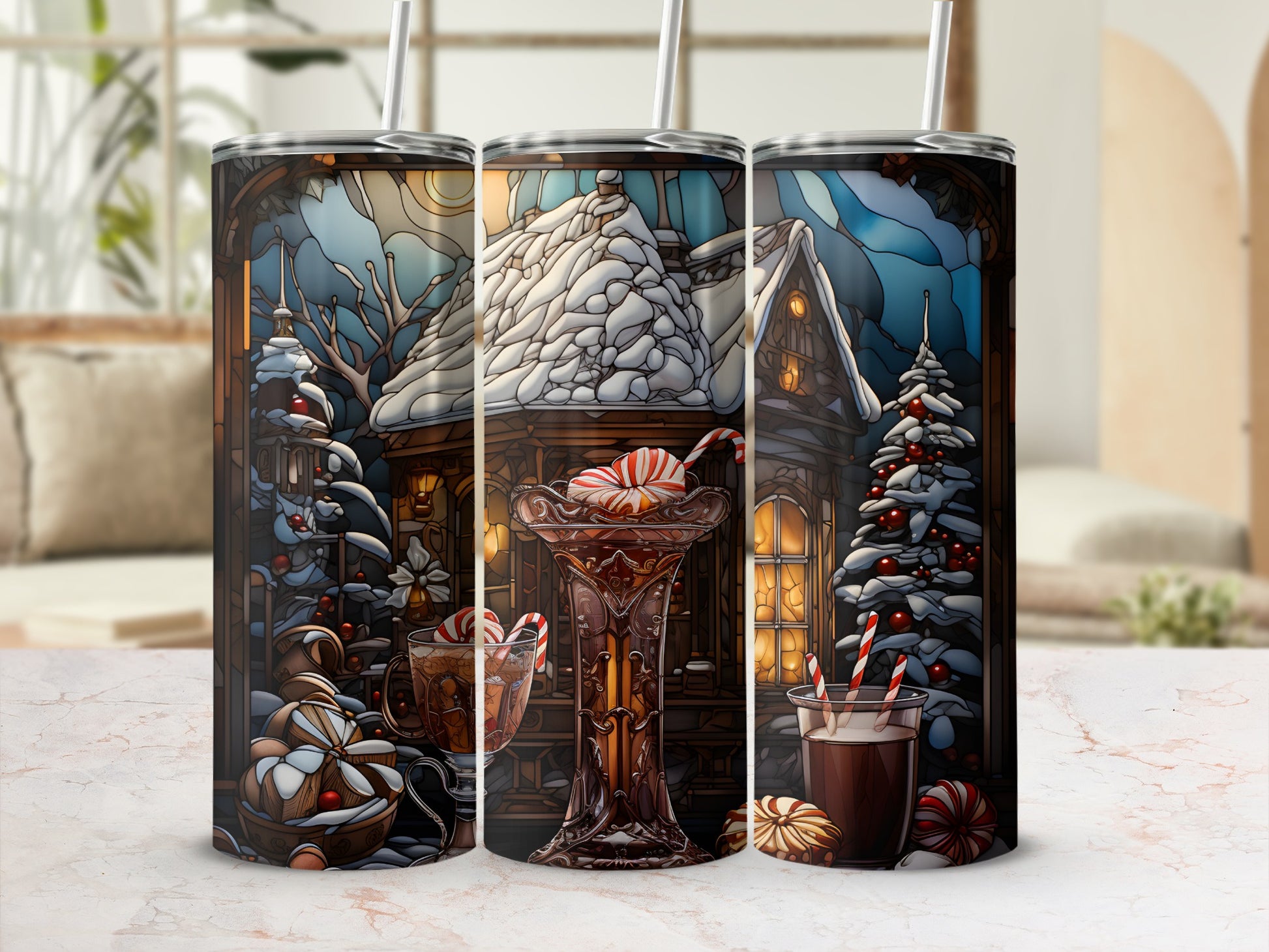 Three tumblers featuring a snowy Christmas cottage scene with hot cocoa and candy canes.