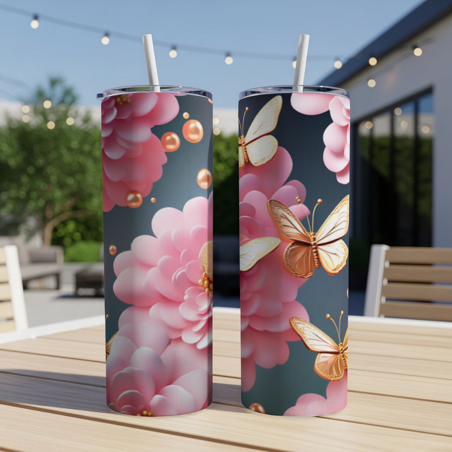 Two tumblers with pink floral and gold butterfly designs.