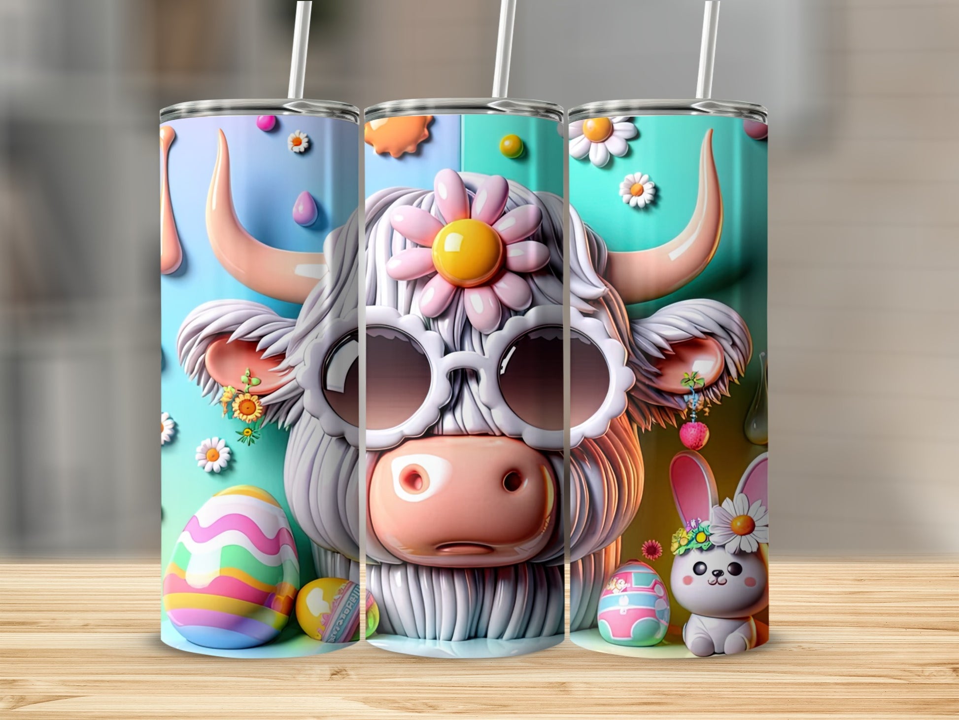 Three Easter-themed tumblers featuring a cow, bunny, and colorful eggs.