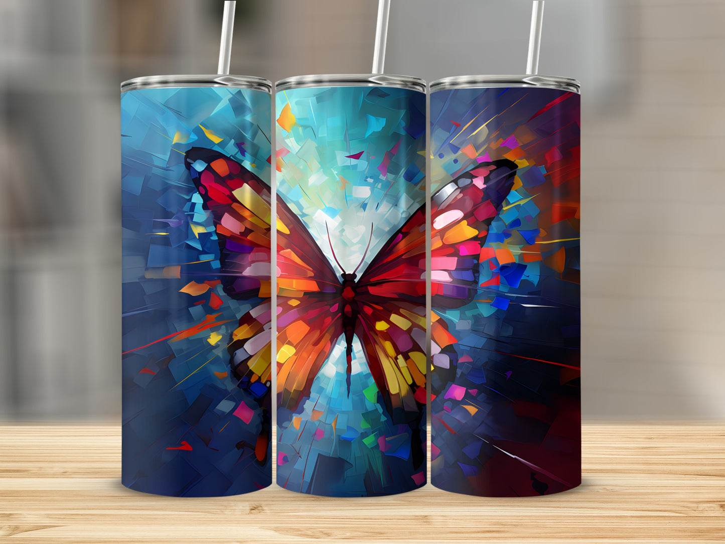 Three tumblers featuring abstract butterfly art with vibrant colors on a wooden surface.