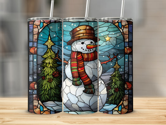Stained glass snowman and Christmas tree design on three tumblers.