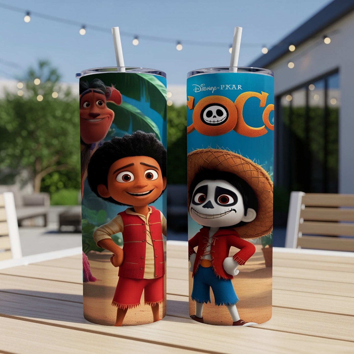 Two tumblers featuring characters from Coco, Miguel and Hector, against a jungle backdrop.