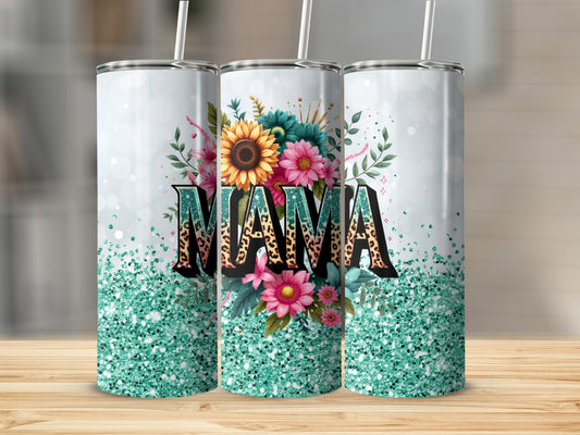 Floral Mama Design Tumbler with Glitter Background