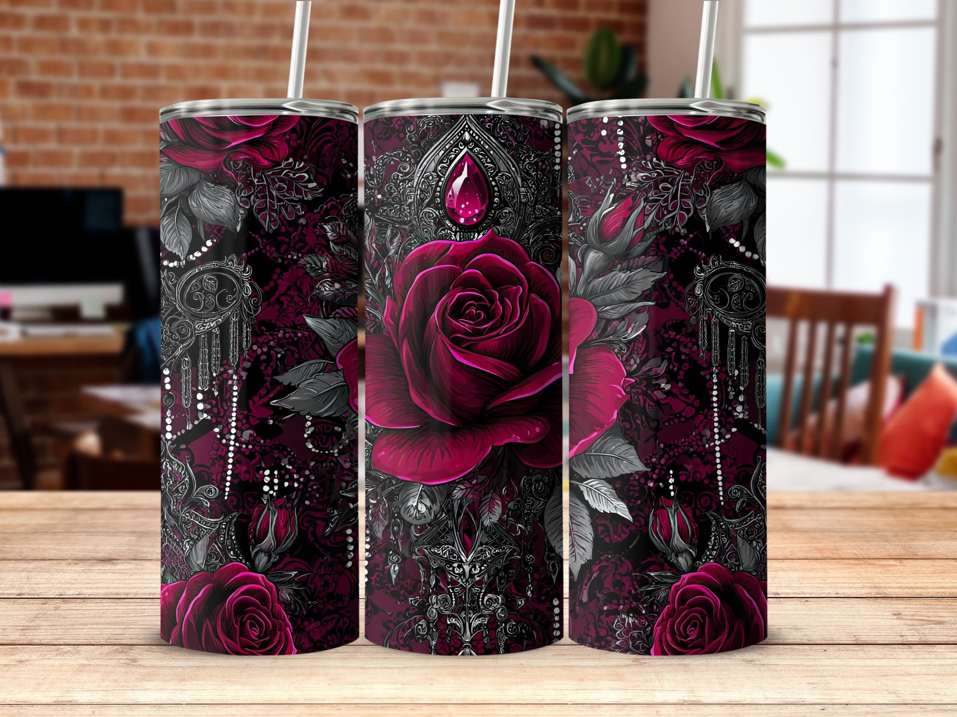 Gothic Floral Skull Art Tumbler for Stylish Hydration