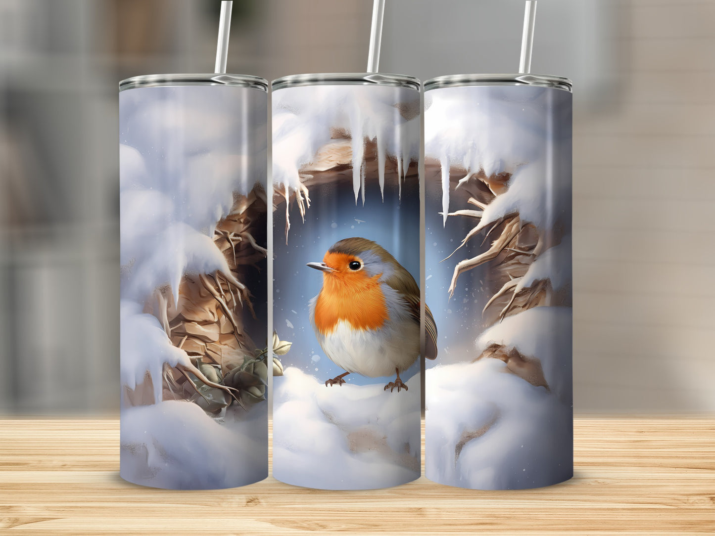Robin in snowy, icy archway on a white tumbler.